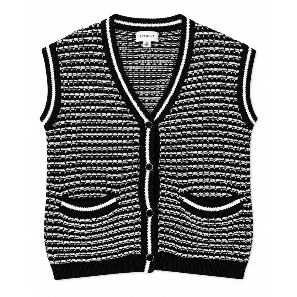 Evereve Black White Knit Sweater Vest XS Button Front Pockets Preppy Layering